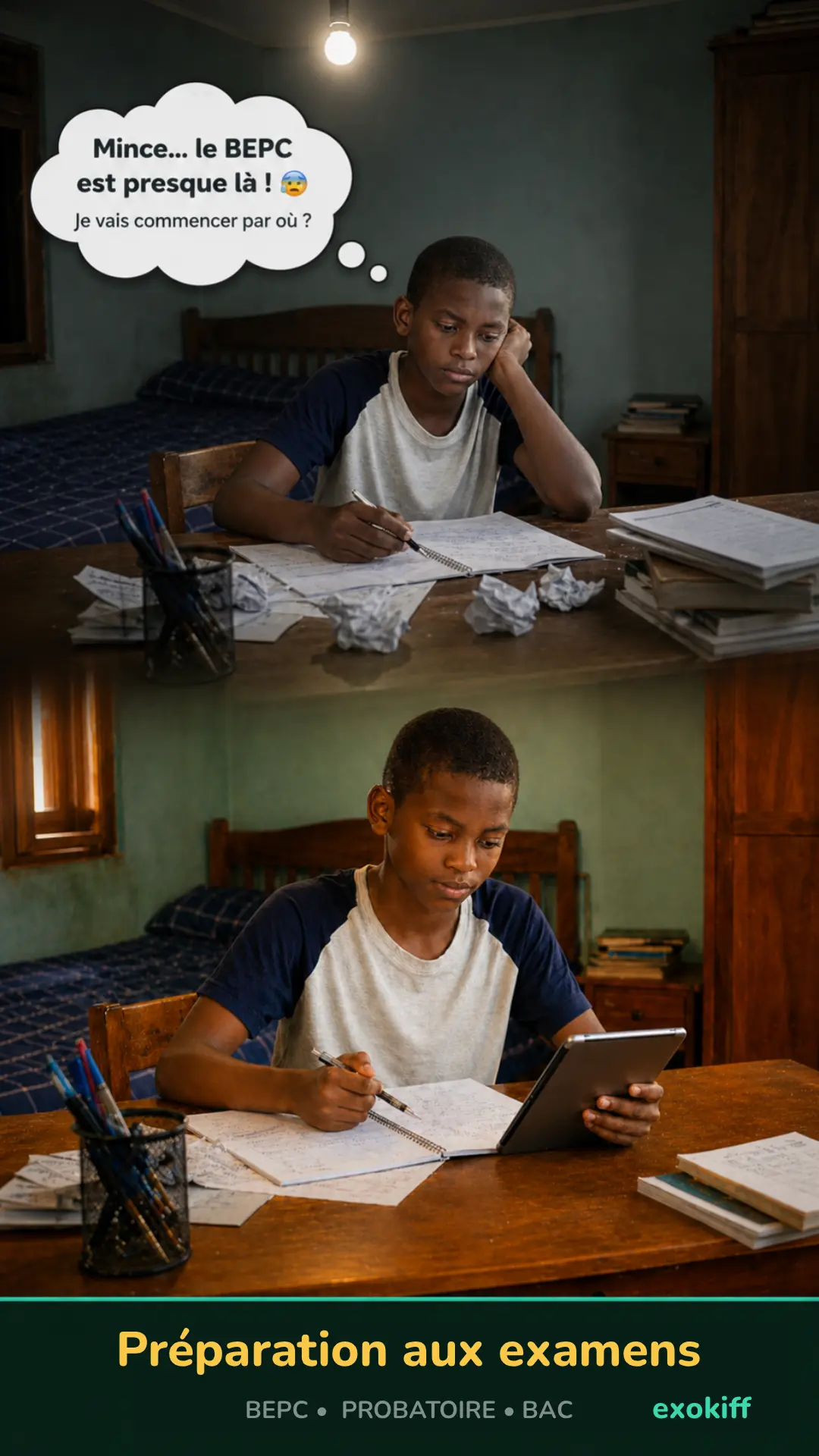 Cameroonian student preparing for the BEPC exam using the exokiff app — real exam-style papers and detailed corrections