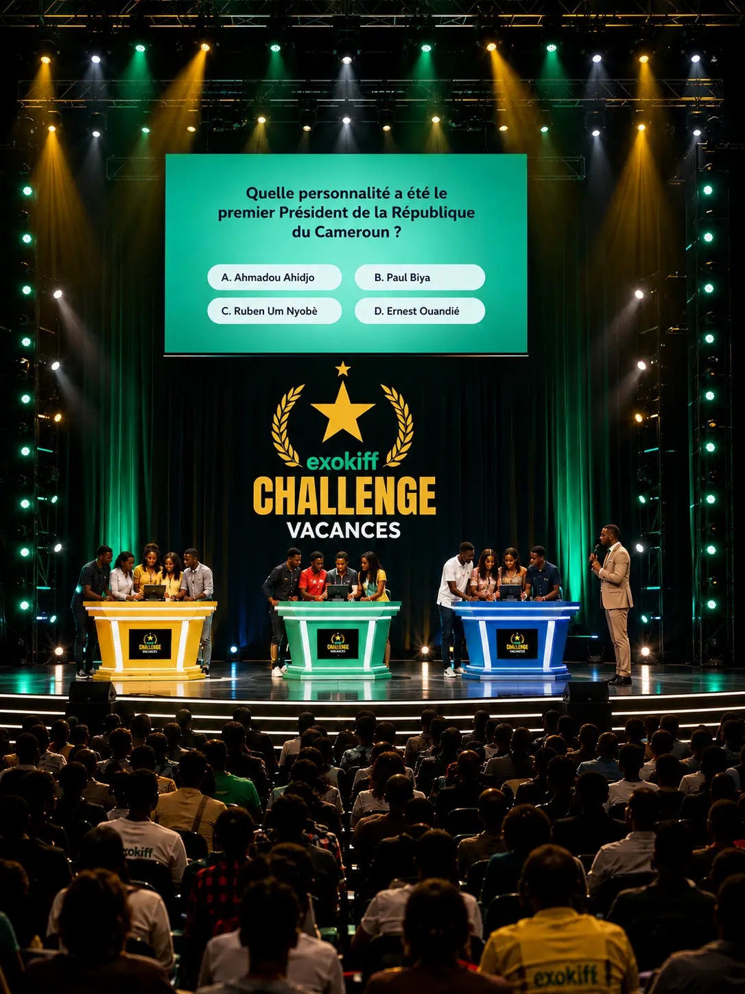 Full view of the venue during the Grand Final — podium, audience, giant screen and exokiff-coloured spotlights